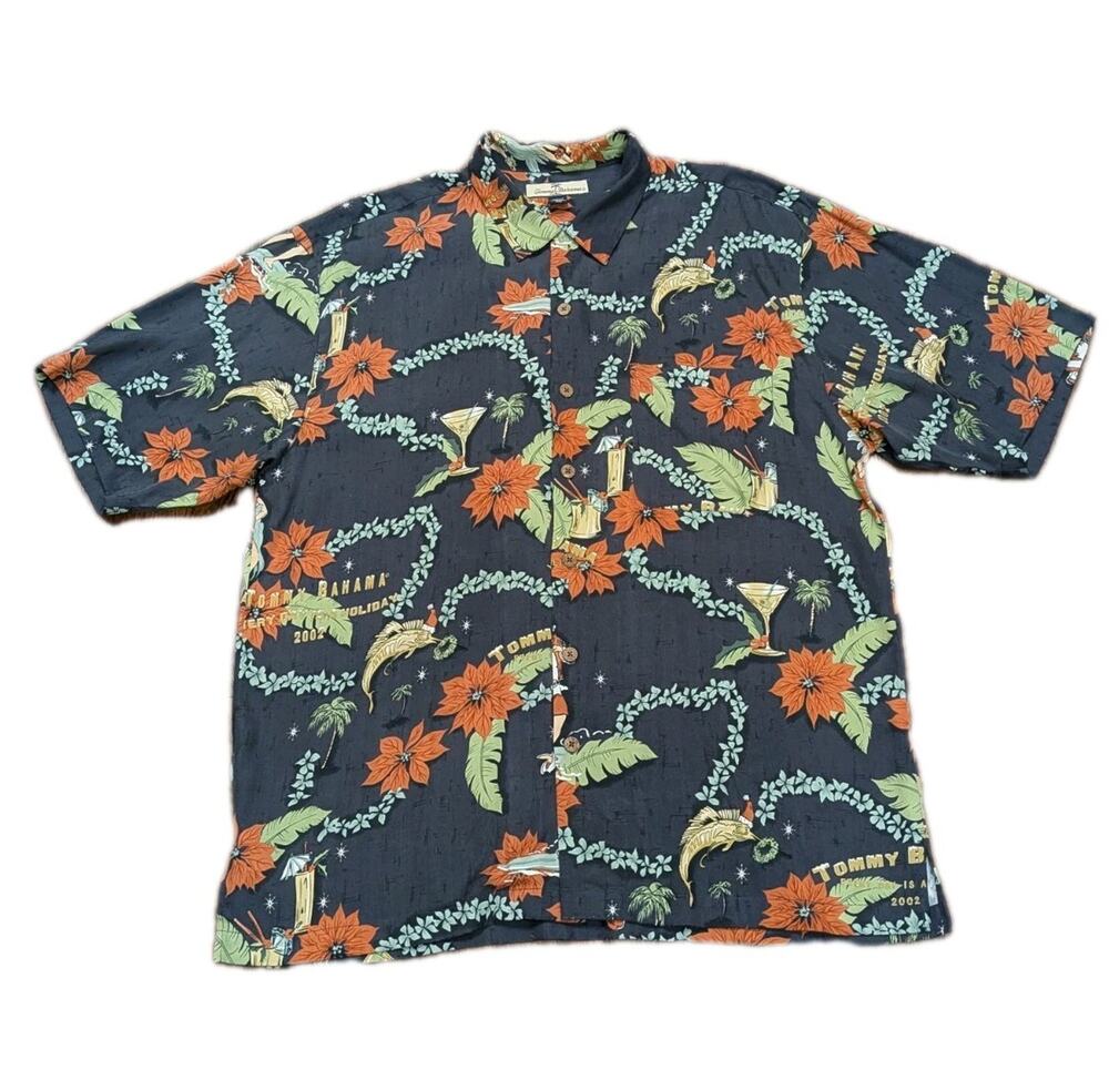 Tommy Bahama Shirt Mens Large Silk Holiday Santa Surfing Hawaiian Floral 2002